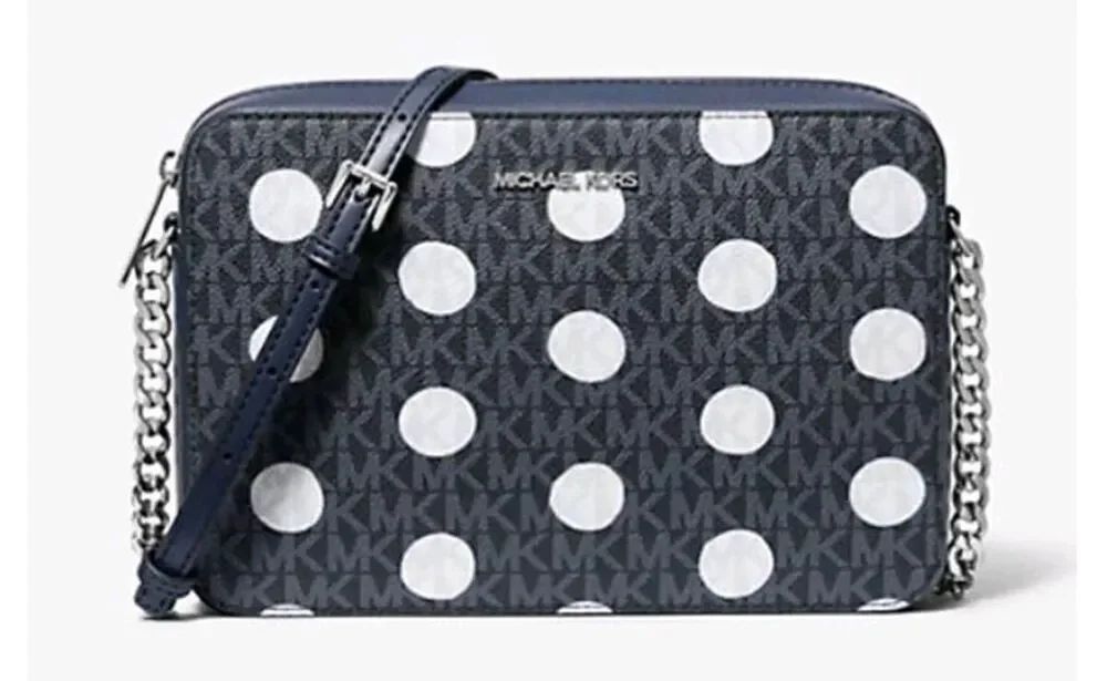 NWT~GIFT BOXED~MICHAEL KORS Large Jet Set Navy Polka Dot Sig Logo Crossbody Bag